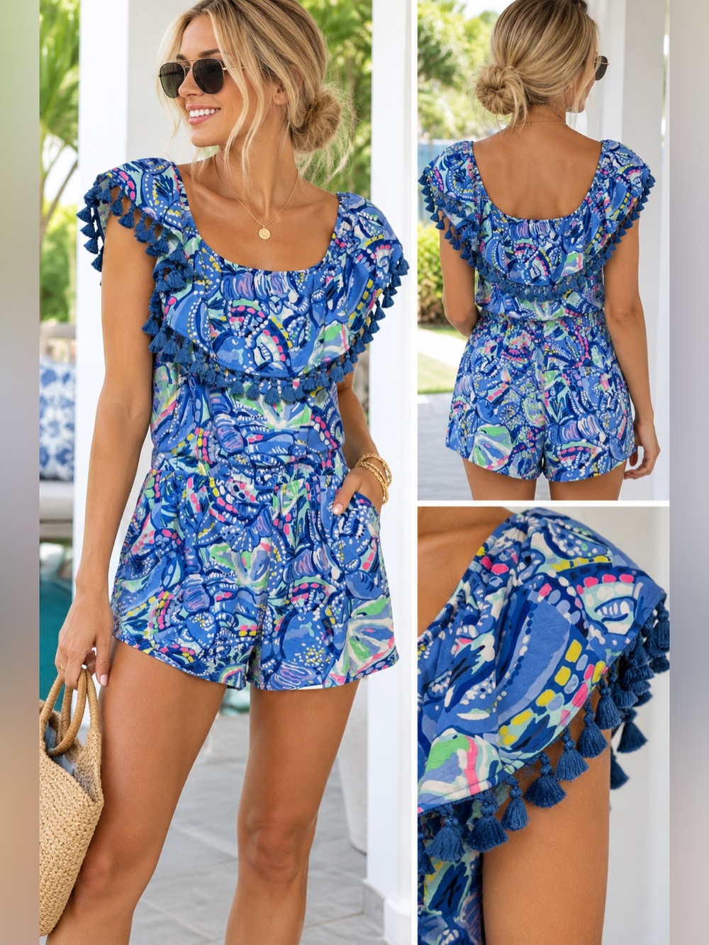 Lilly Pulitzer La Fortuna Romper Blue Tropical Print Tassel Trim Size XS